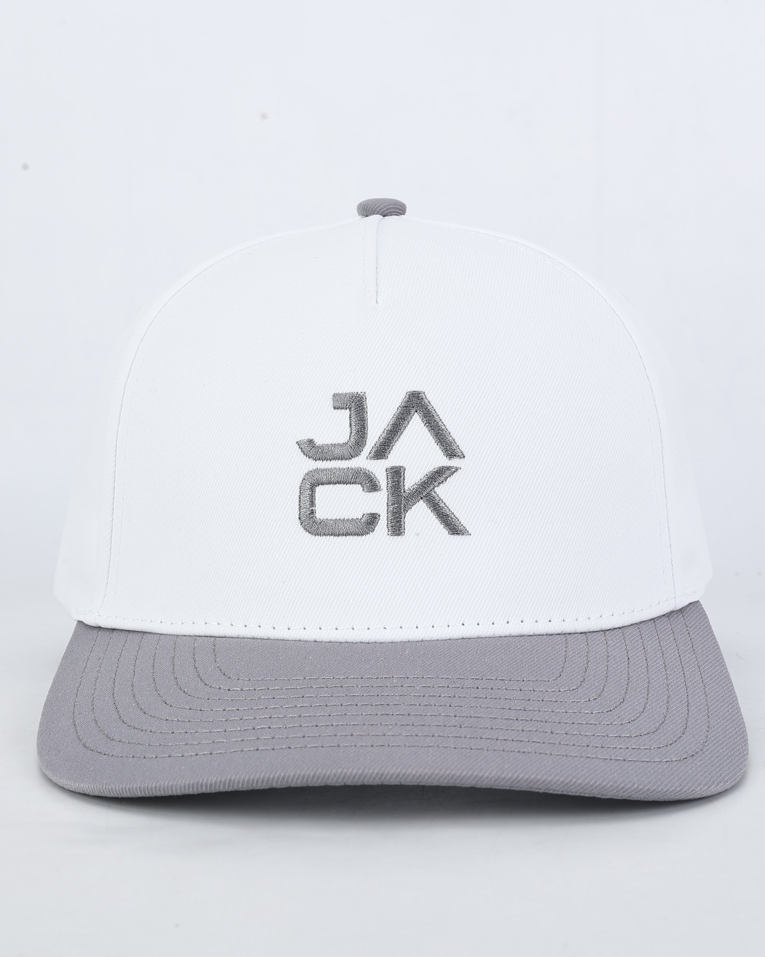 White cap with gray brim and 'JACK' logo on a white background