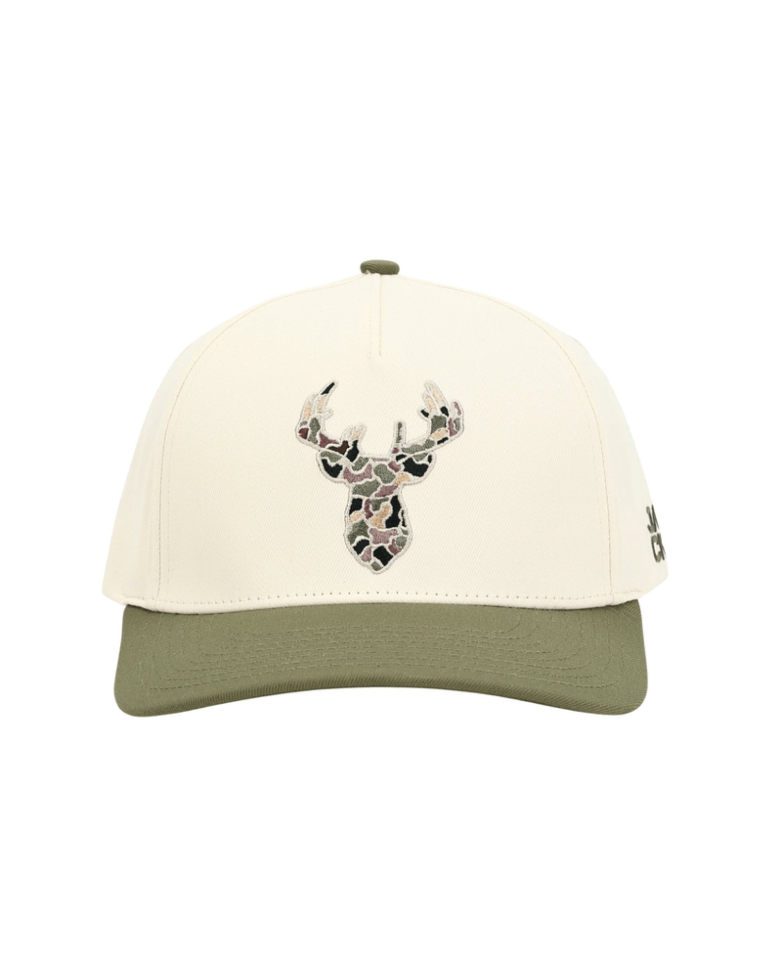 Big Game Hunter Hat with cream crown, olive bill, and camo deer embroidery, front view