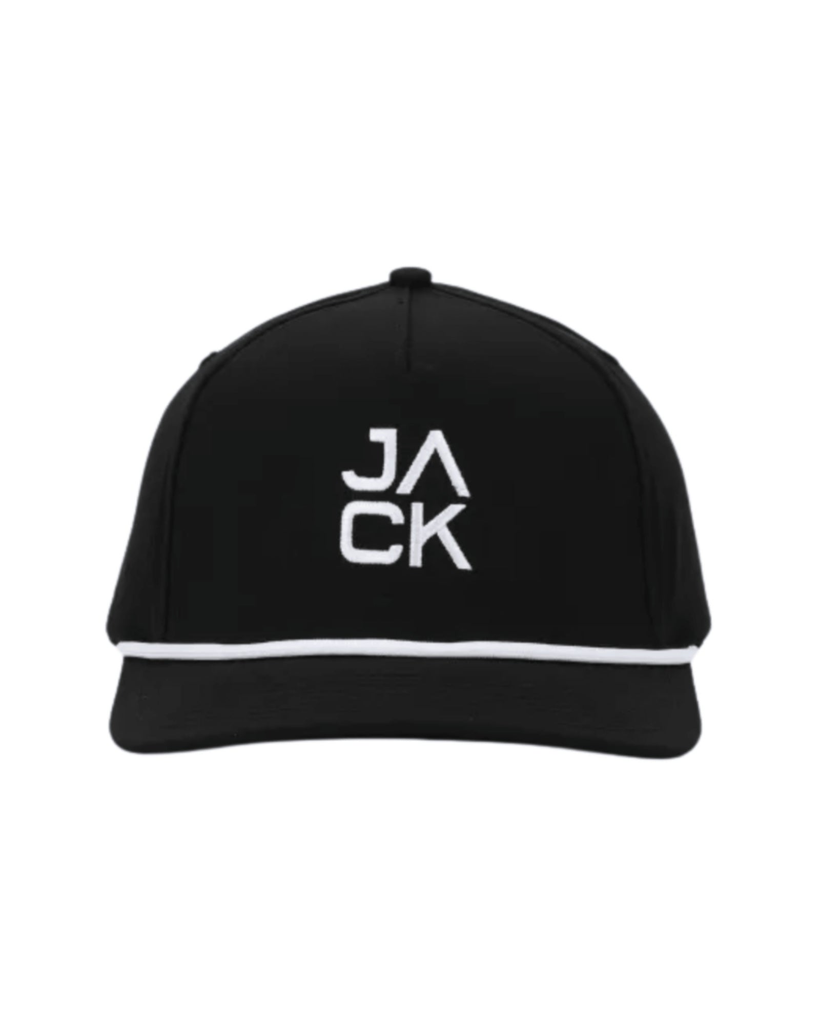 Black Jack Hat in black with white JACK embroidery and white rope, front view
