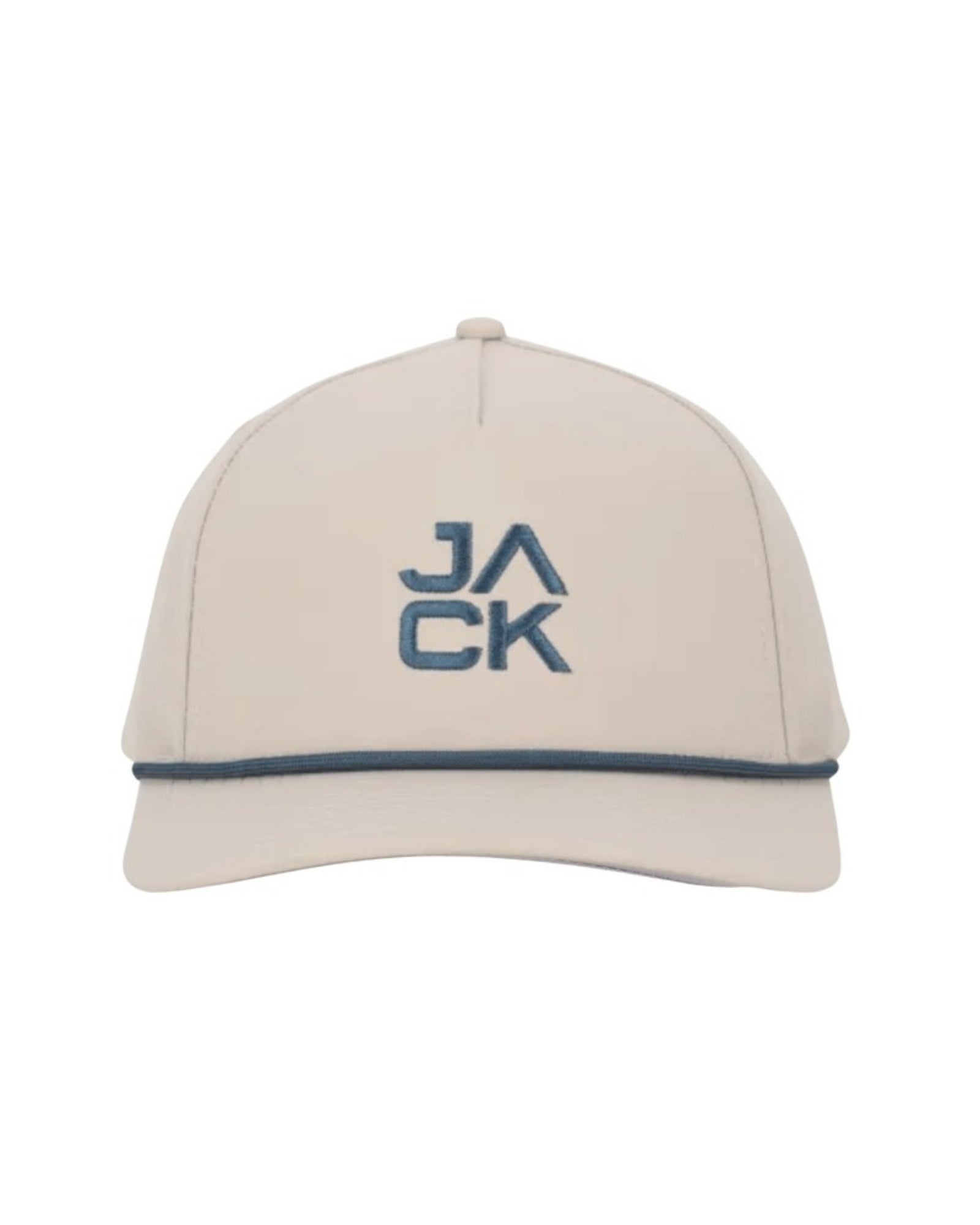 Blue Jack Hat in cream with slate blue JACK embroidery and rope, front view