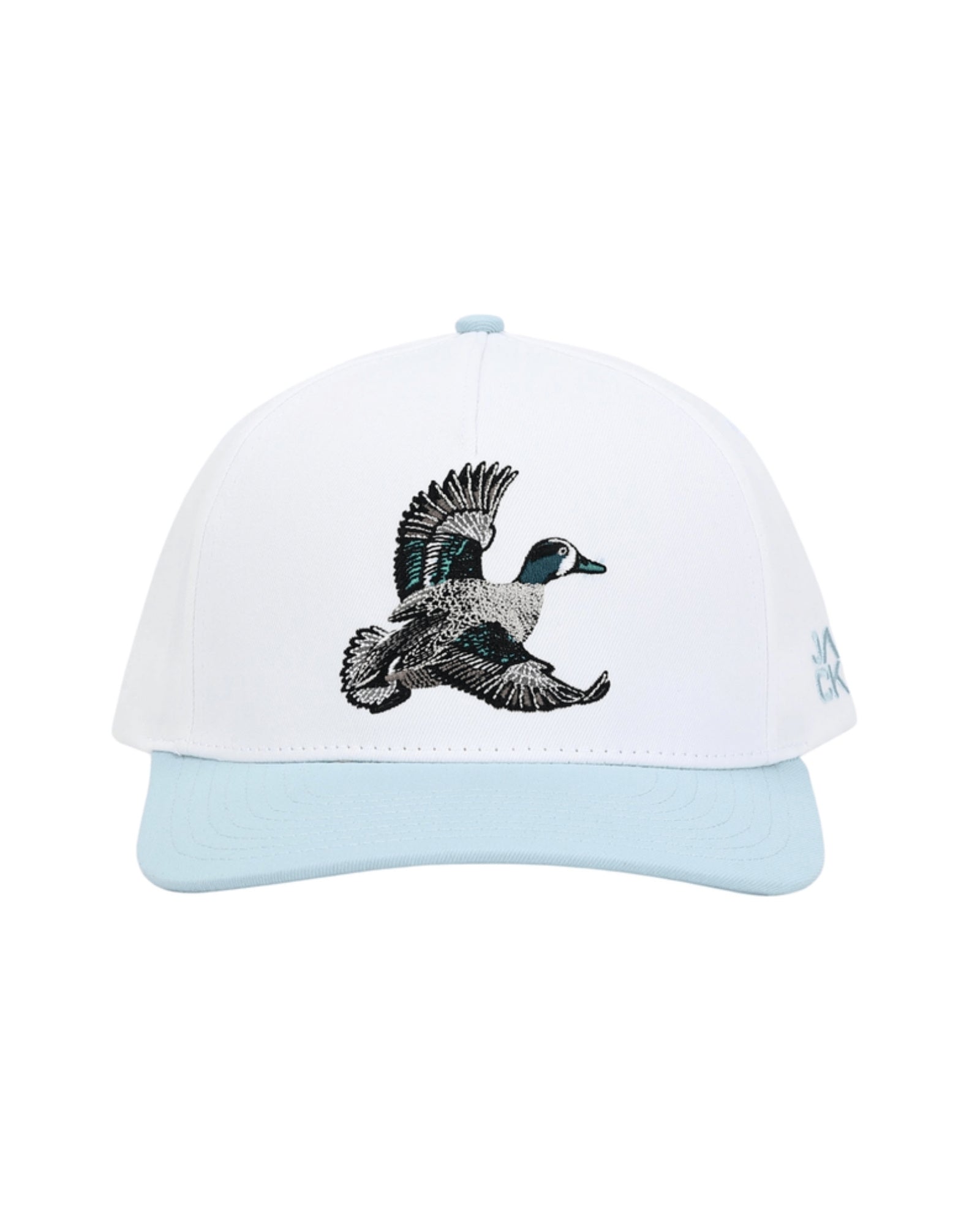 Blue Wing Teal Hat with white crown, light blue bill, and flying teal duck embroidery, front view