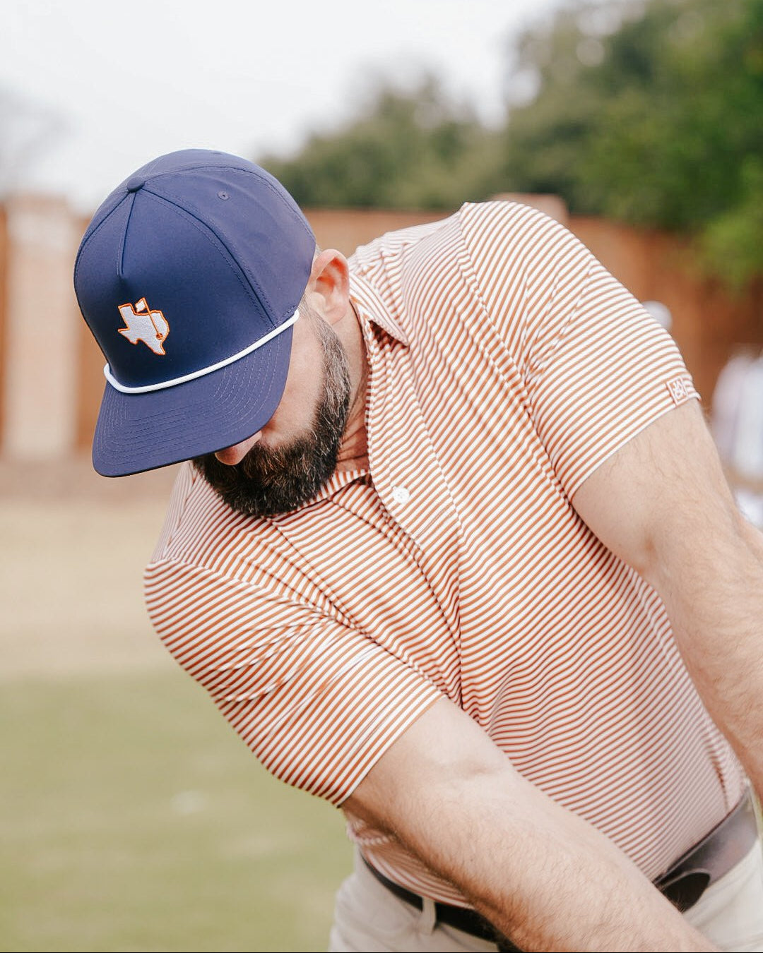 Burnt Orange Stripes men's golf polo, alternate view – Jack Apparel