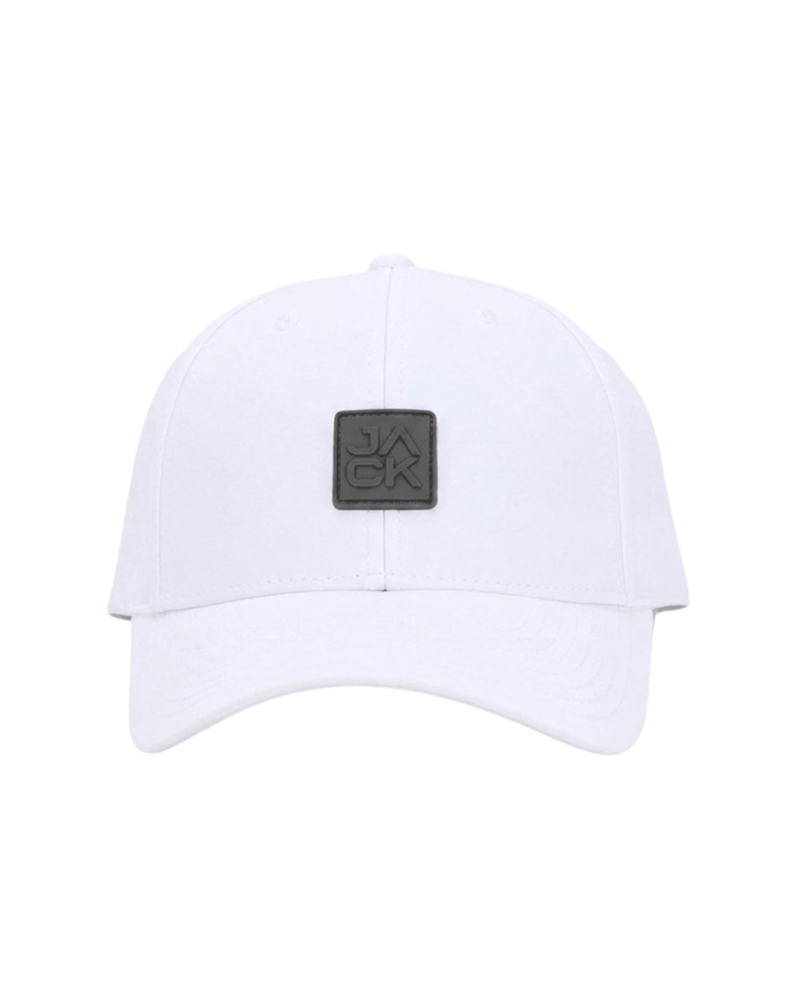 Gray Jack Hat in white with gray JACK square patch, front view