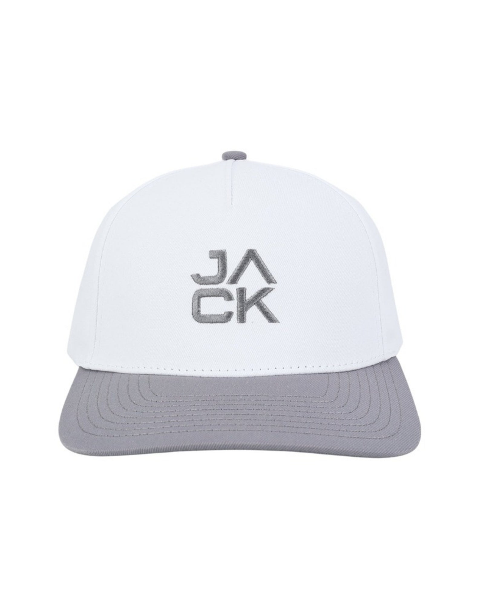Gray and White Jack Hat with white crown, gray bill, and gray JACK embroidery, front view