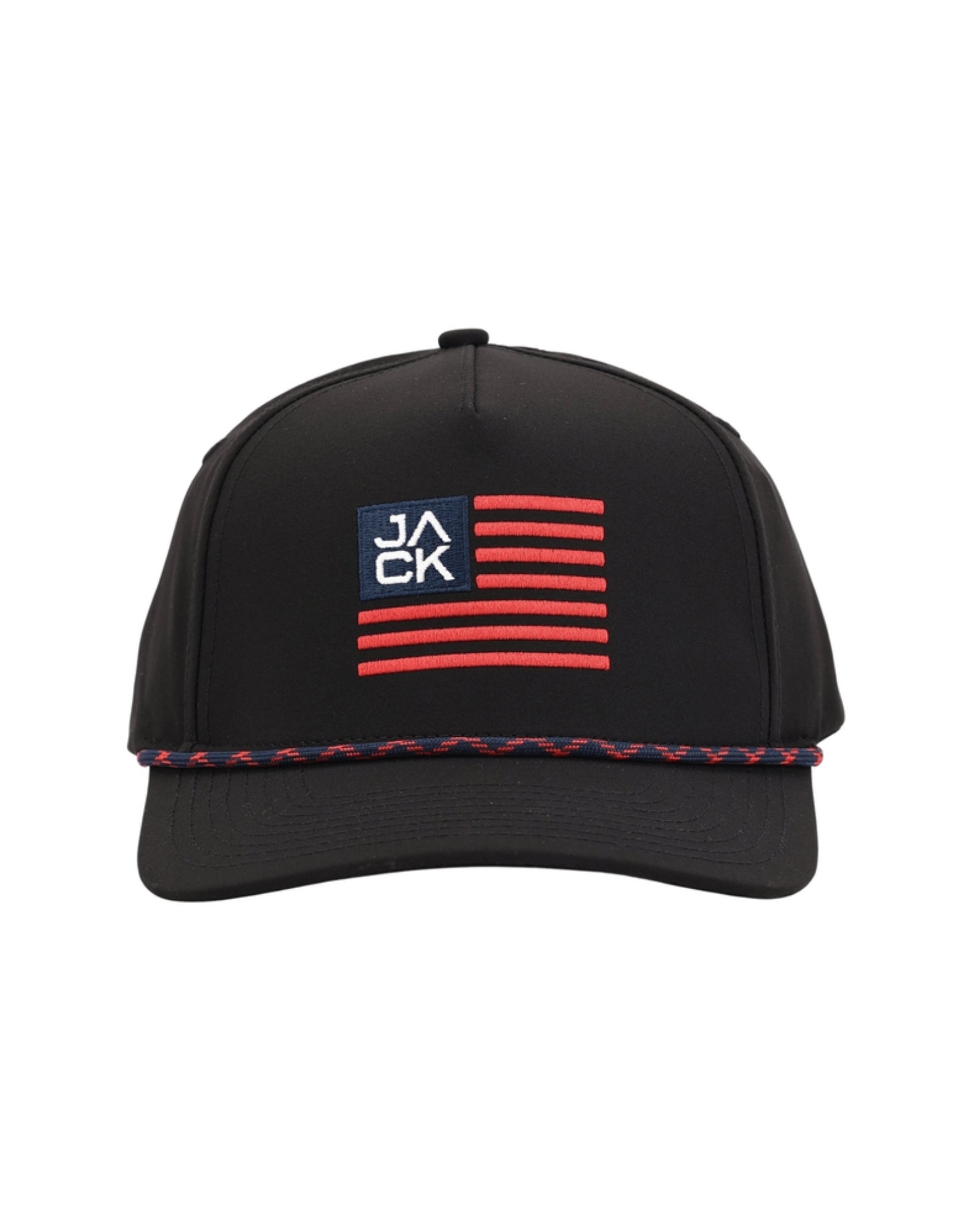 Jack Flag Black Hat in black with navy and red JACK flag embroidery, front view