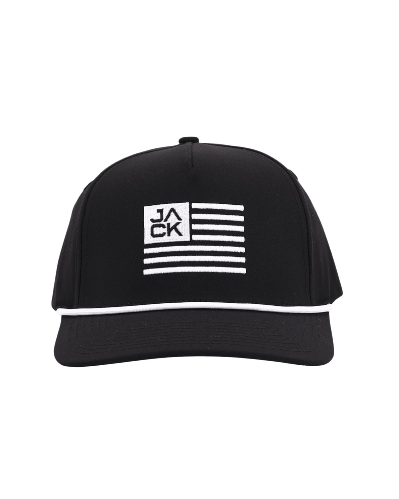 Jack Flag Black and White Hat in black with white JACK flag embroidery and white rope, front view