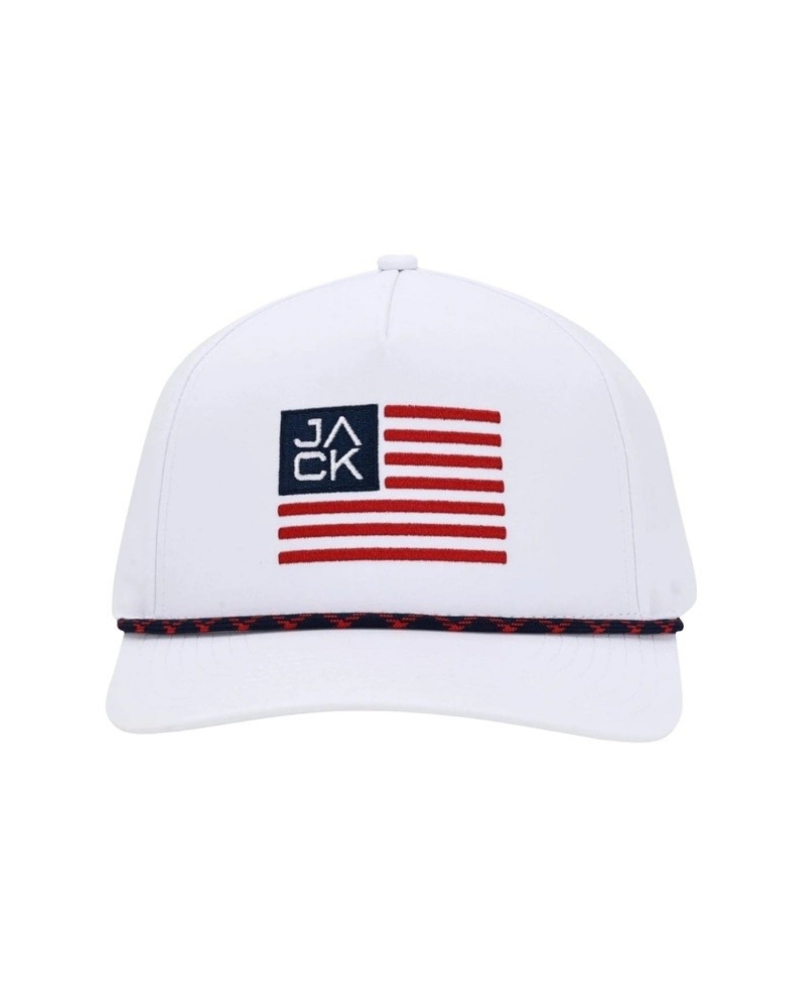 Jack Flag Hat in white with JACK flag embroidery and navy red rope, front view