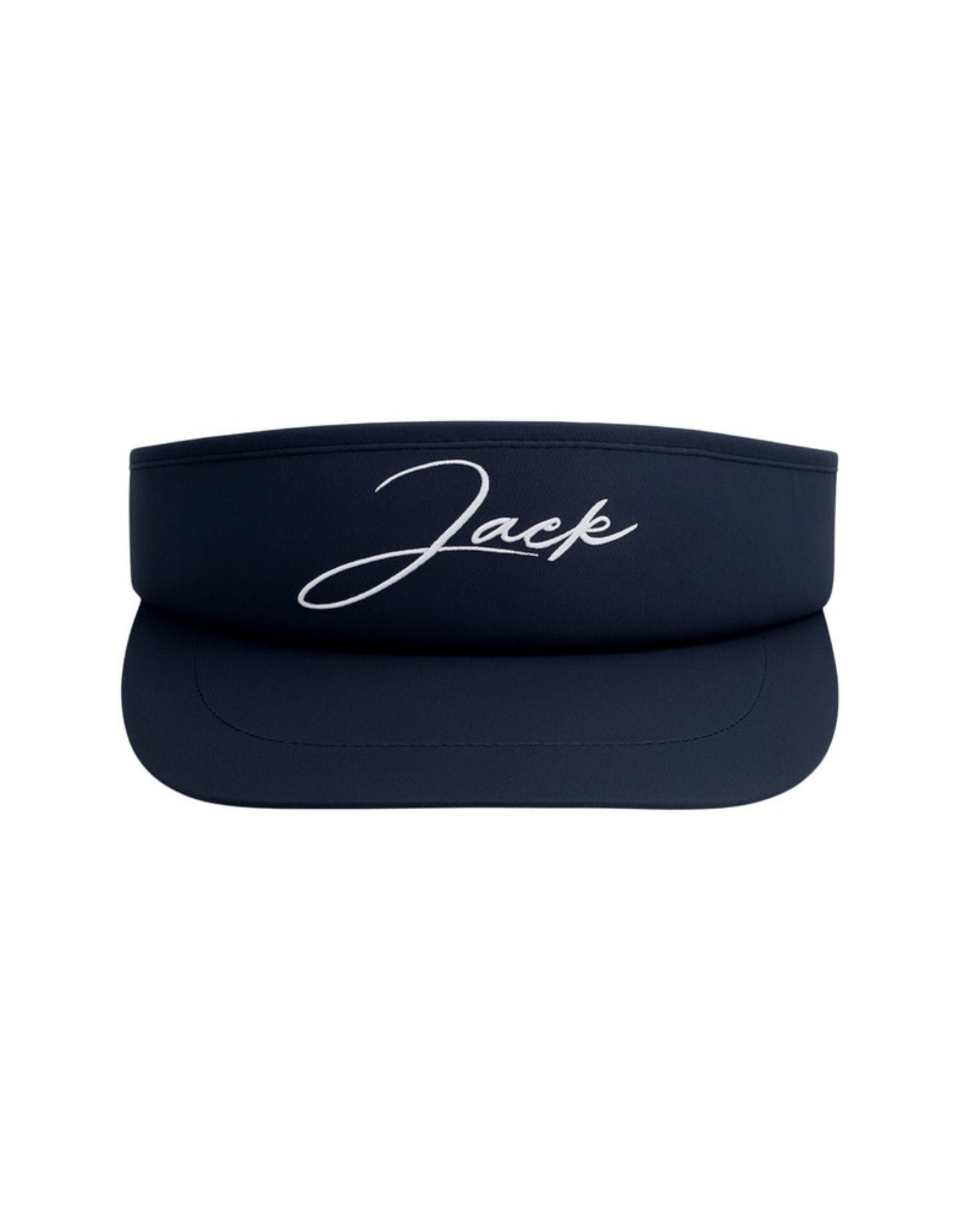 Jack's Signature Visor in navy with white Jack script embroidery, front view
