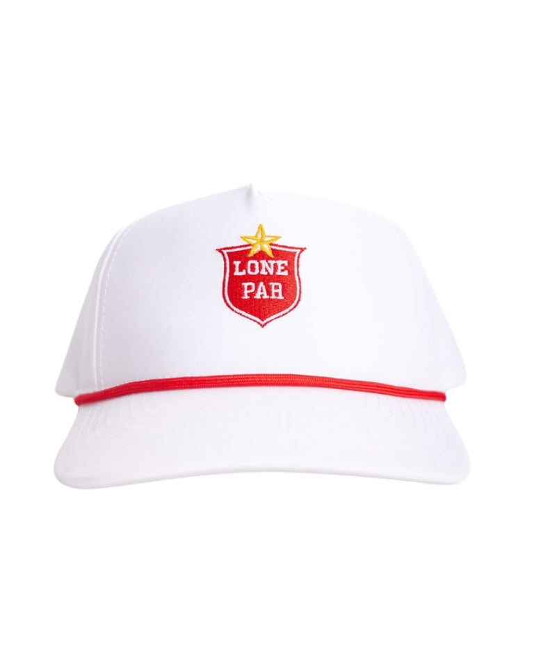 Lone Par white rope hat with red shield and gold star embroidery, front view