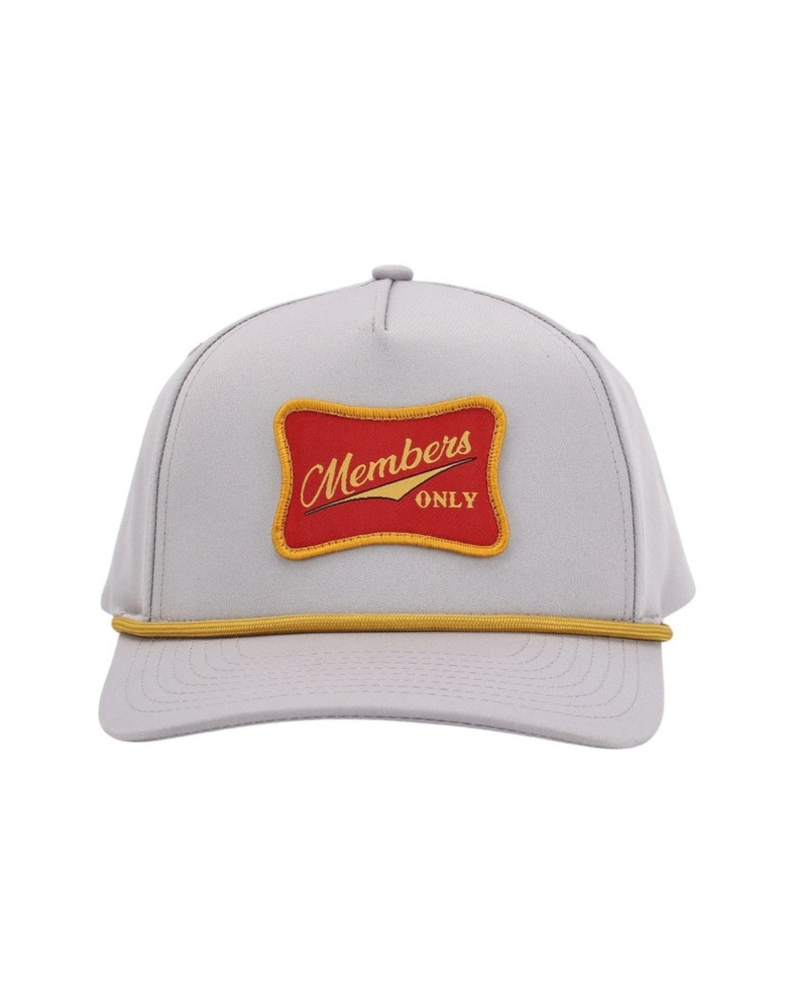 Members Only Rope Hat in gray with red and gold Members Only patch and gold rope, front view