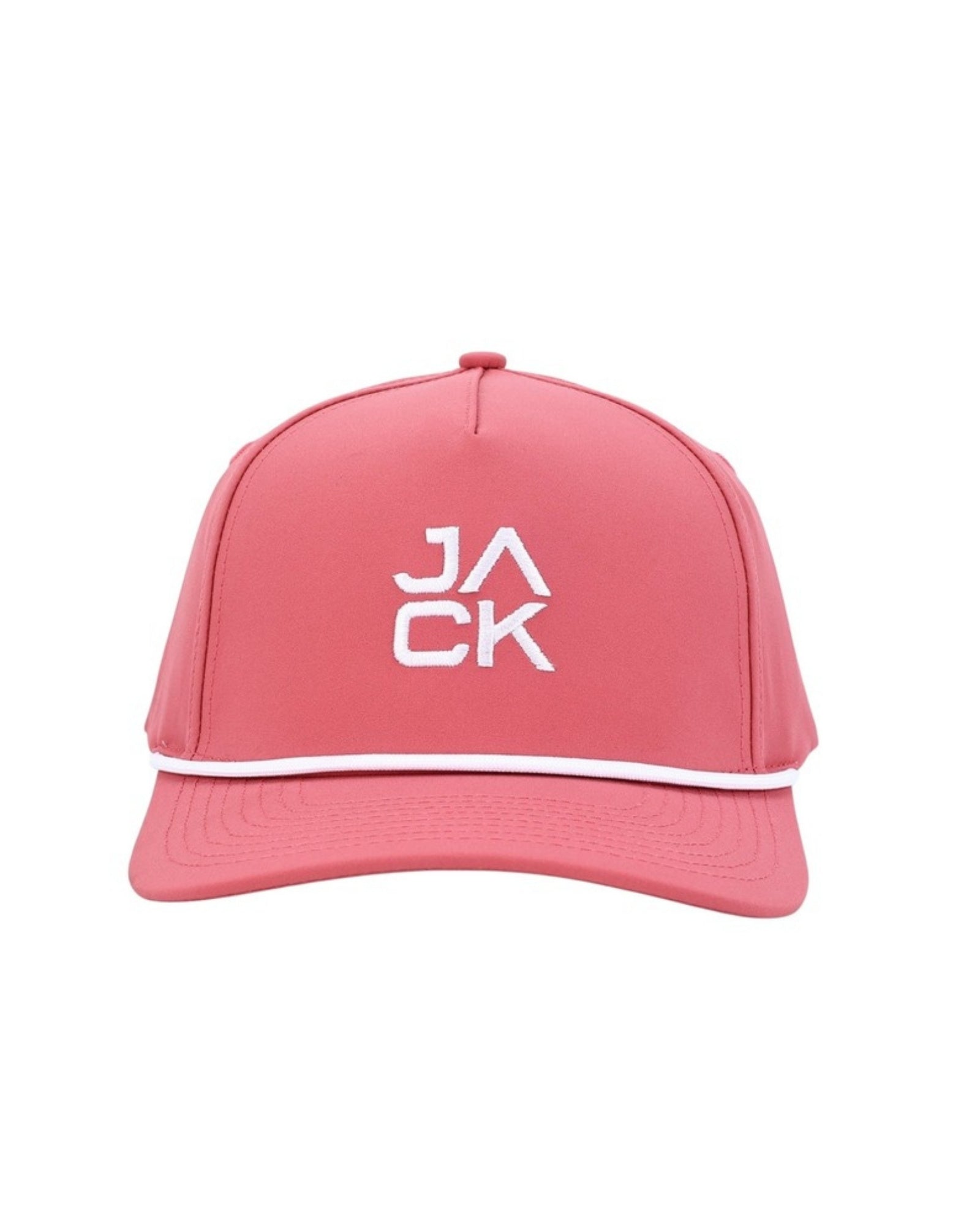 Pink Jack Hat in coral pink with white JACK embroidery and white rope, front view
