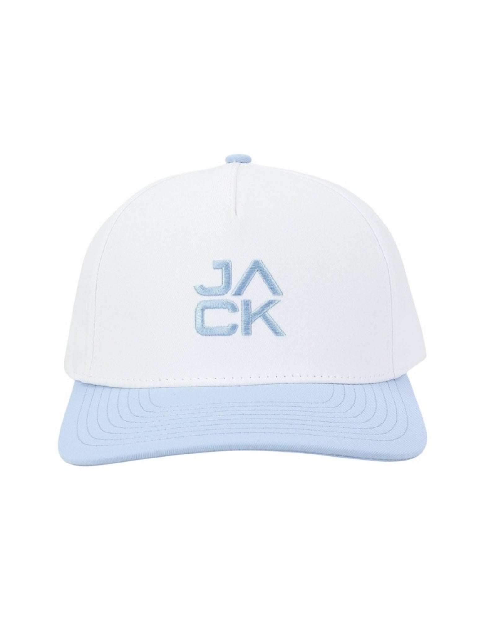 Sky Blue Jack Hat with white crown, sky blue bill, and blue JACK embroidery, front view