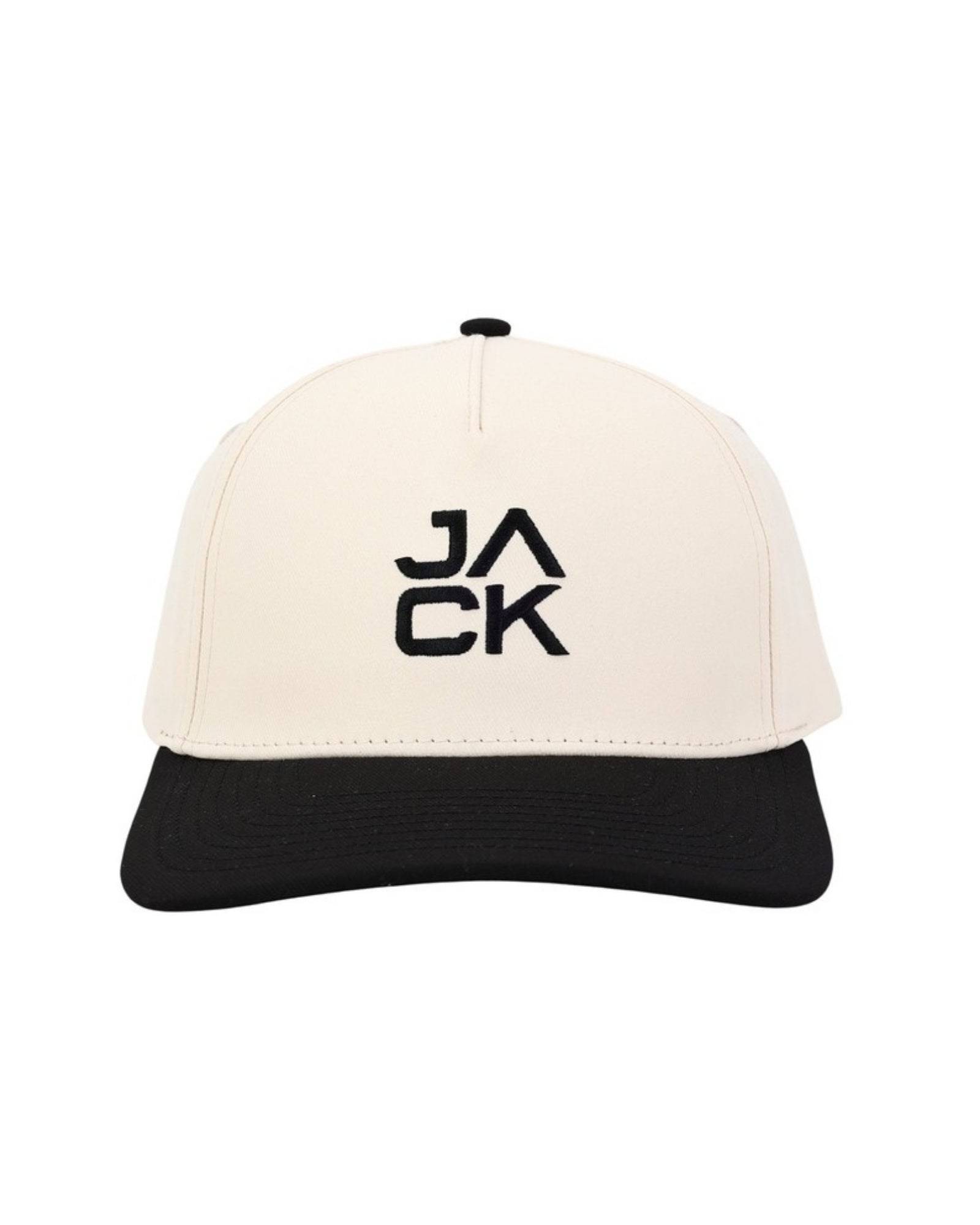 Tan and Black Jack Hat with cream crown, black bill, and black JACK embroidery, front view