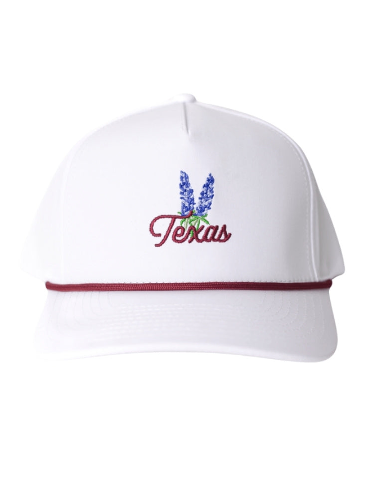 Texas Bluebonnet Maroon Rope Hat in white with bluebonnet embroidery and maroon rope, front view