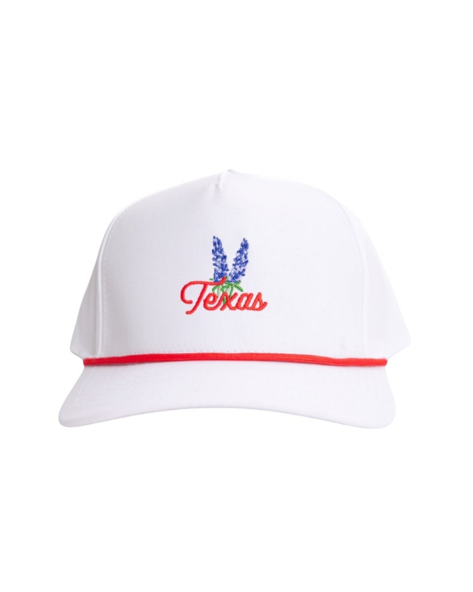 Texas Bluebonnet Red Rope Hat in white with bluebonnet embroidery and red rope, front view