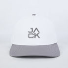 White cap with gray brim and 'JACK' logo on a white background