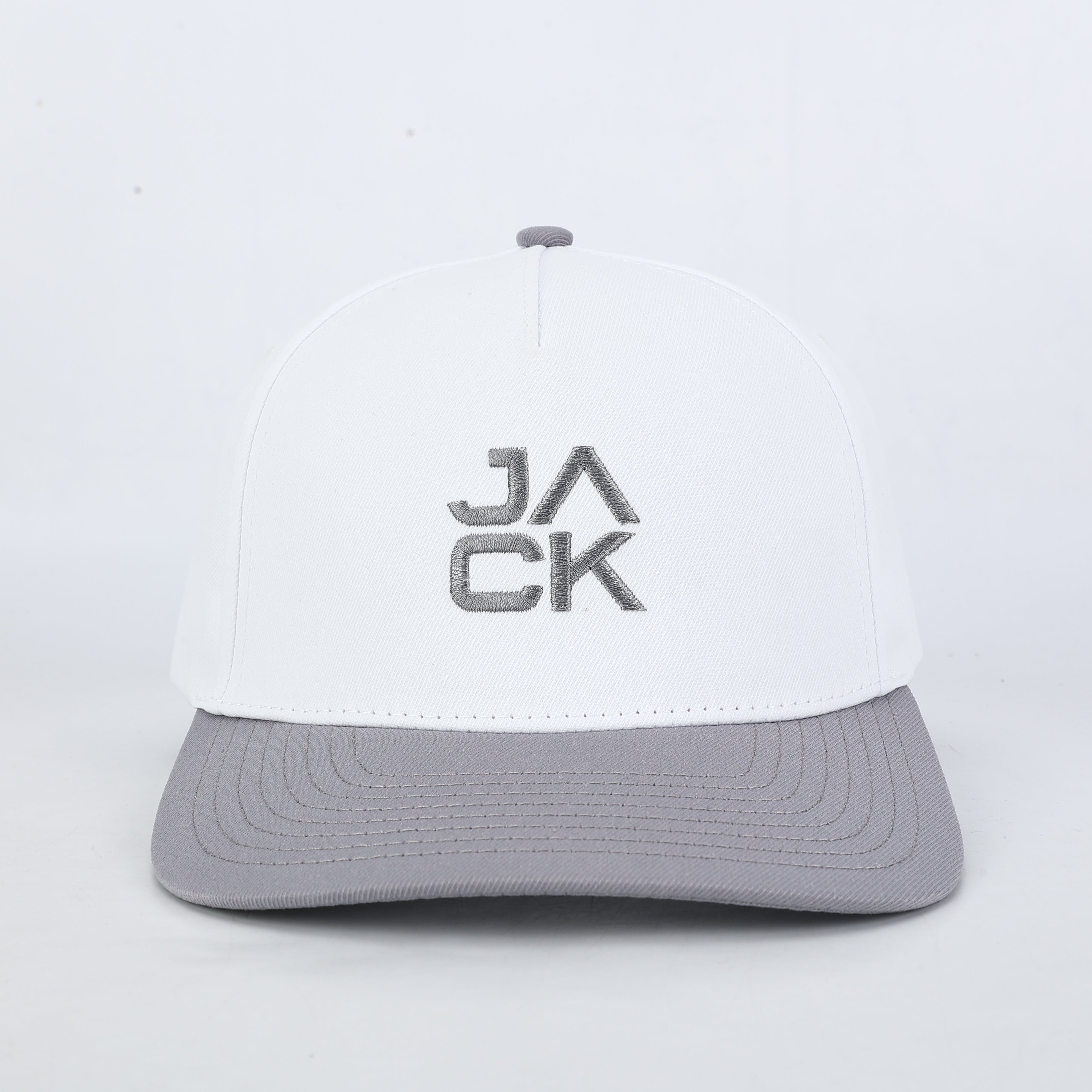 White cap with gray brim and 'JACK' logo on a white background