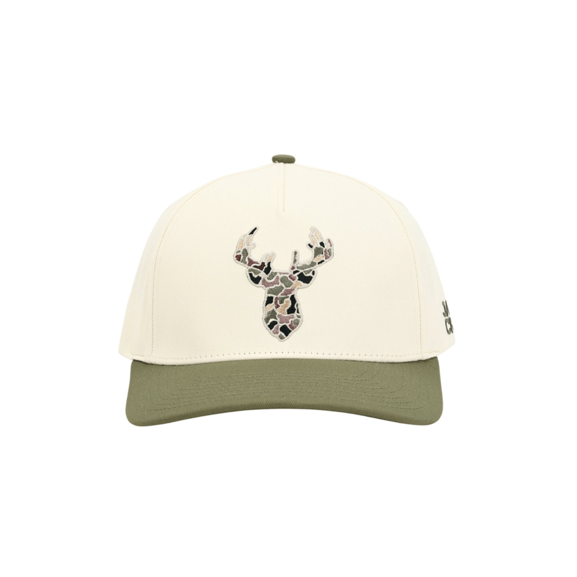 Big Game Hunter Hat with cream crown, olive bill, and camo deer embroidery, front view