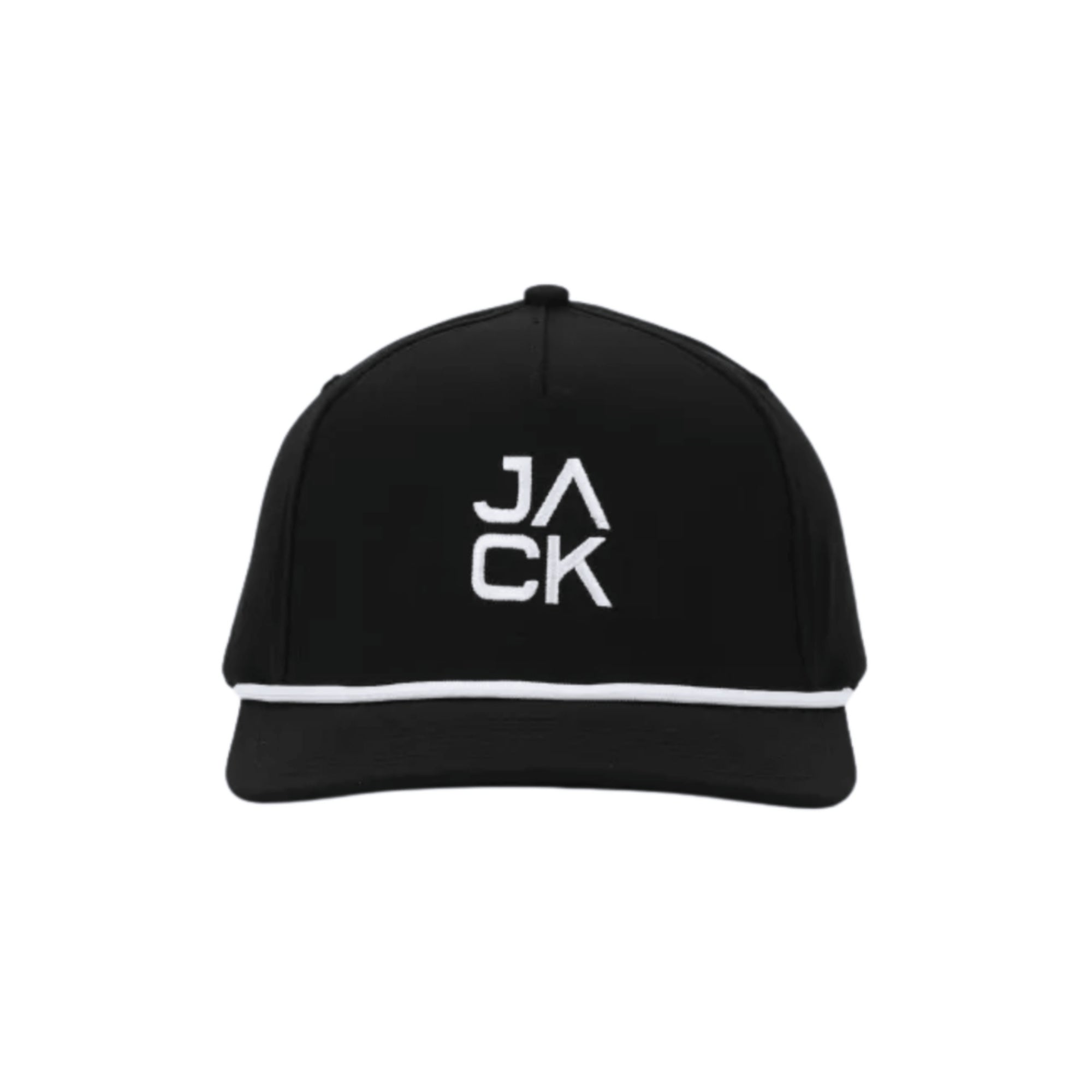 Black Jack Hat in black with white JACK embroidery and white rope, front view