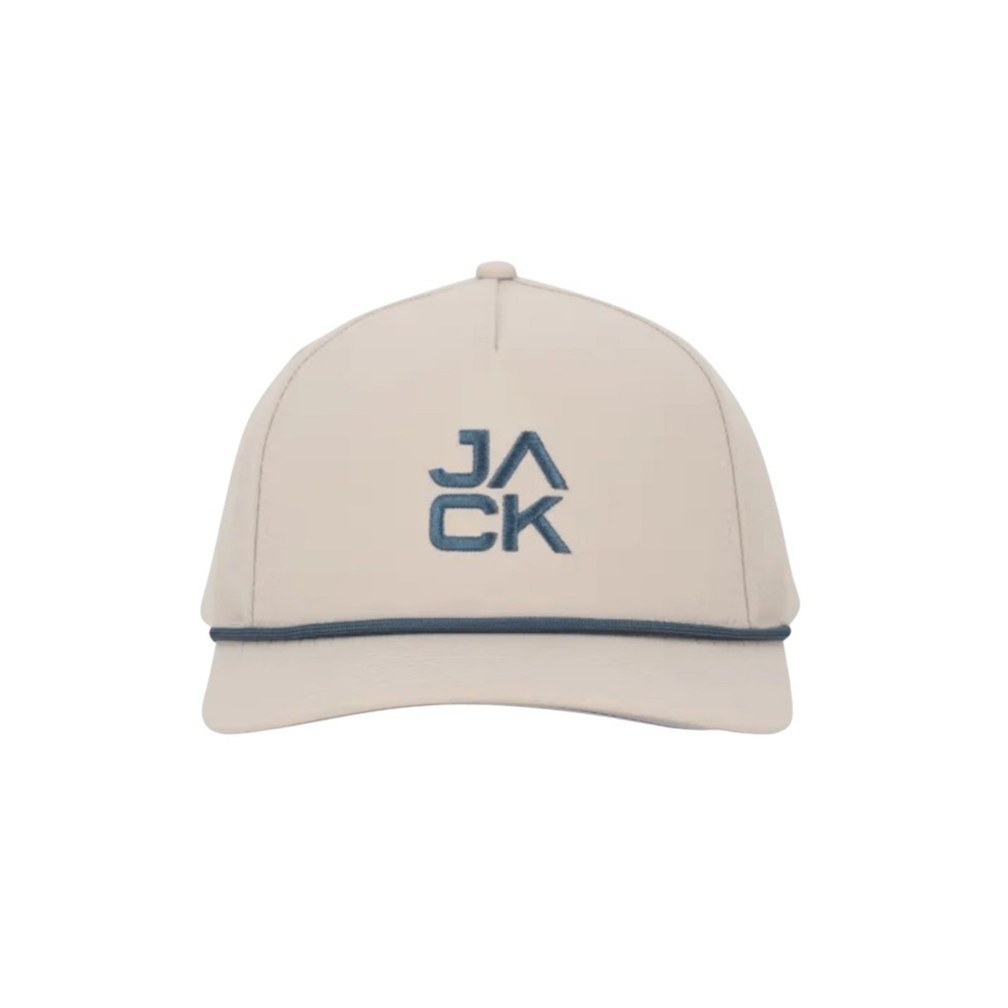 Blue Jack Hat in cream with slate blue JACK embroidery and rope, front view