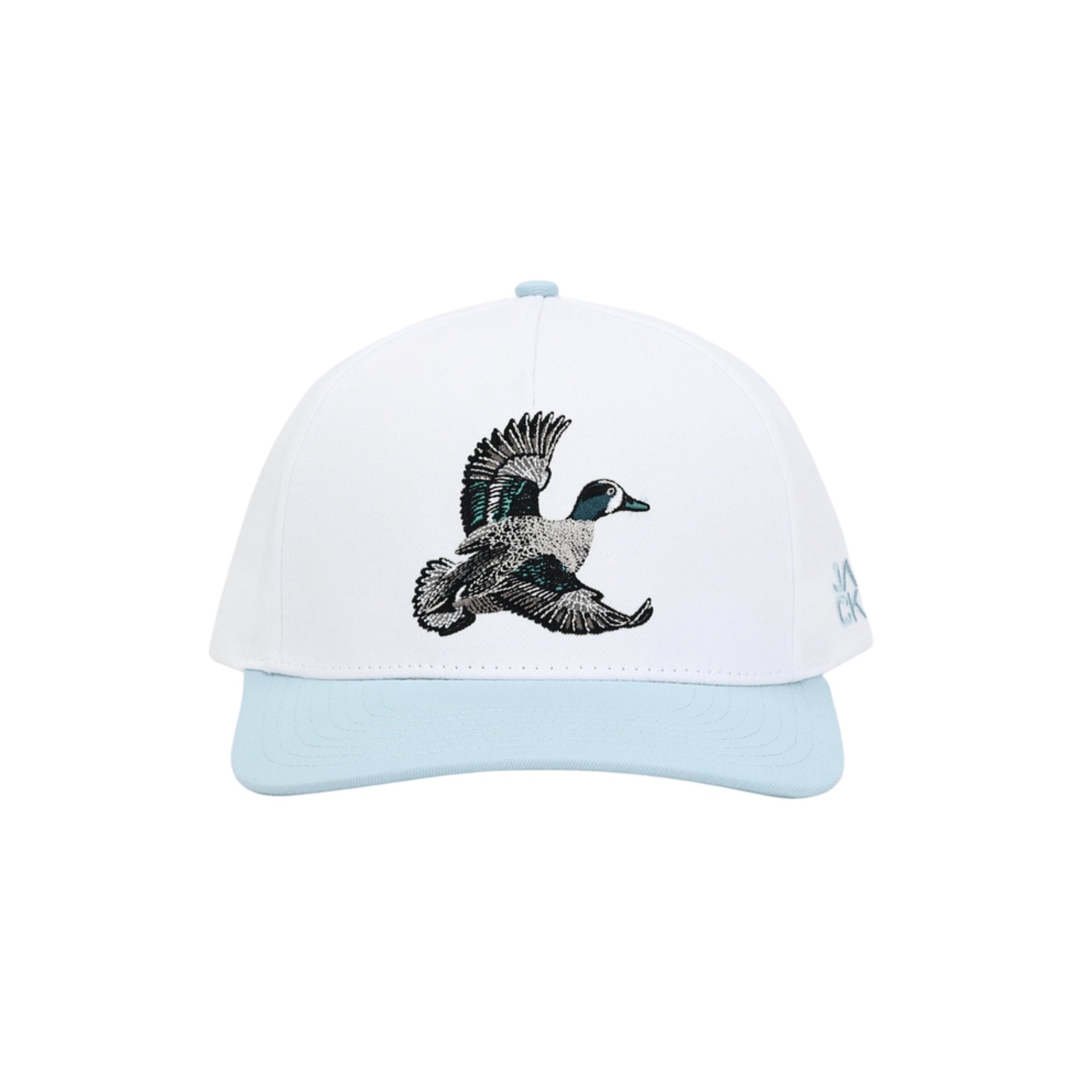 Blue Wing Teal Hat with white crown, light blue bill, and flying teal duck embroidery, front view