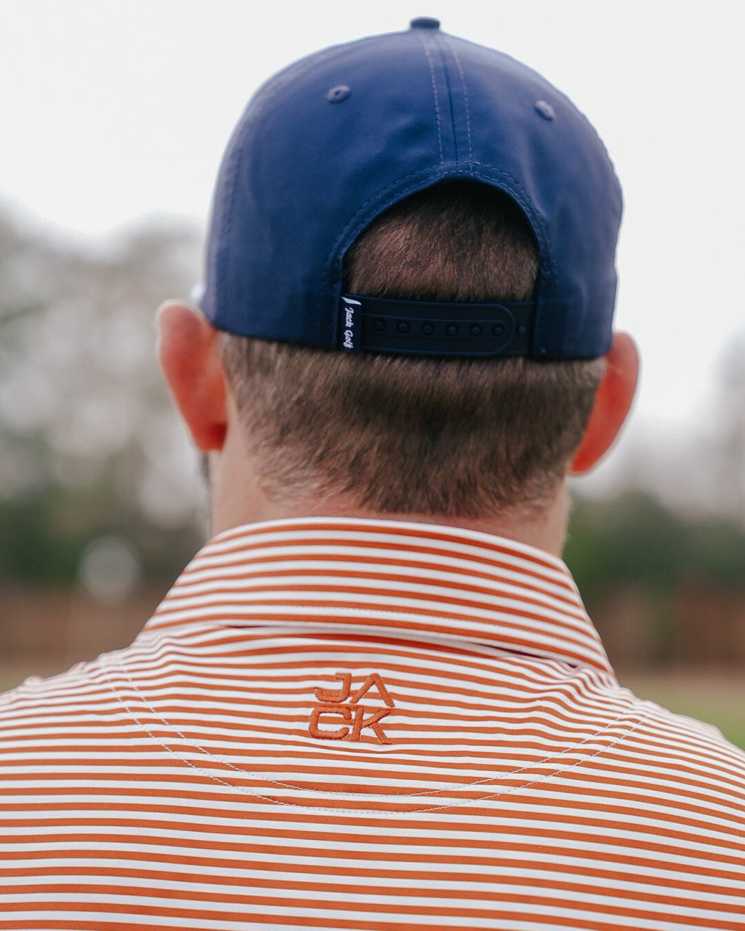 Burnt Orange Stripes men's golf polo, alternate view – Jack Apparel