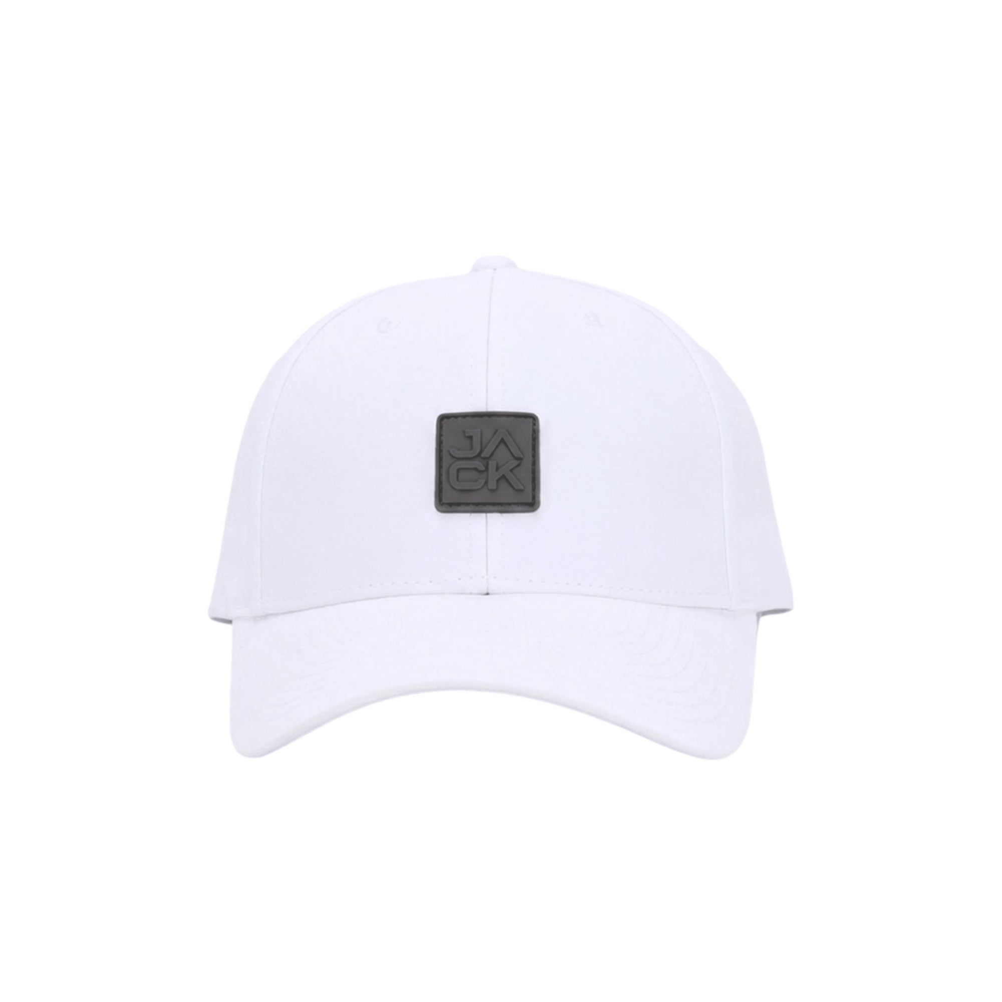 Gray Jack Hat in white with gray JACK square patch, front view
