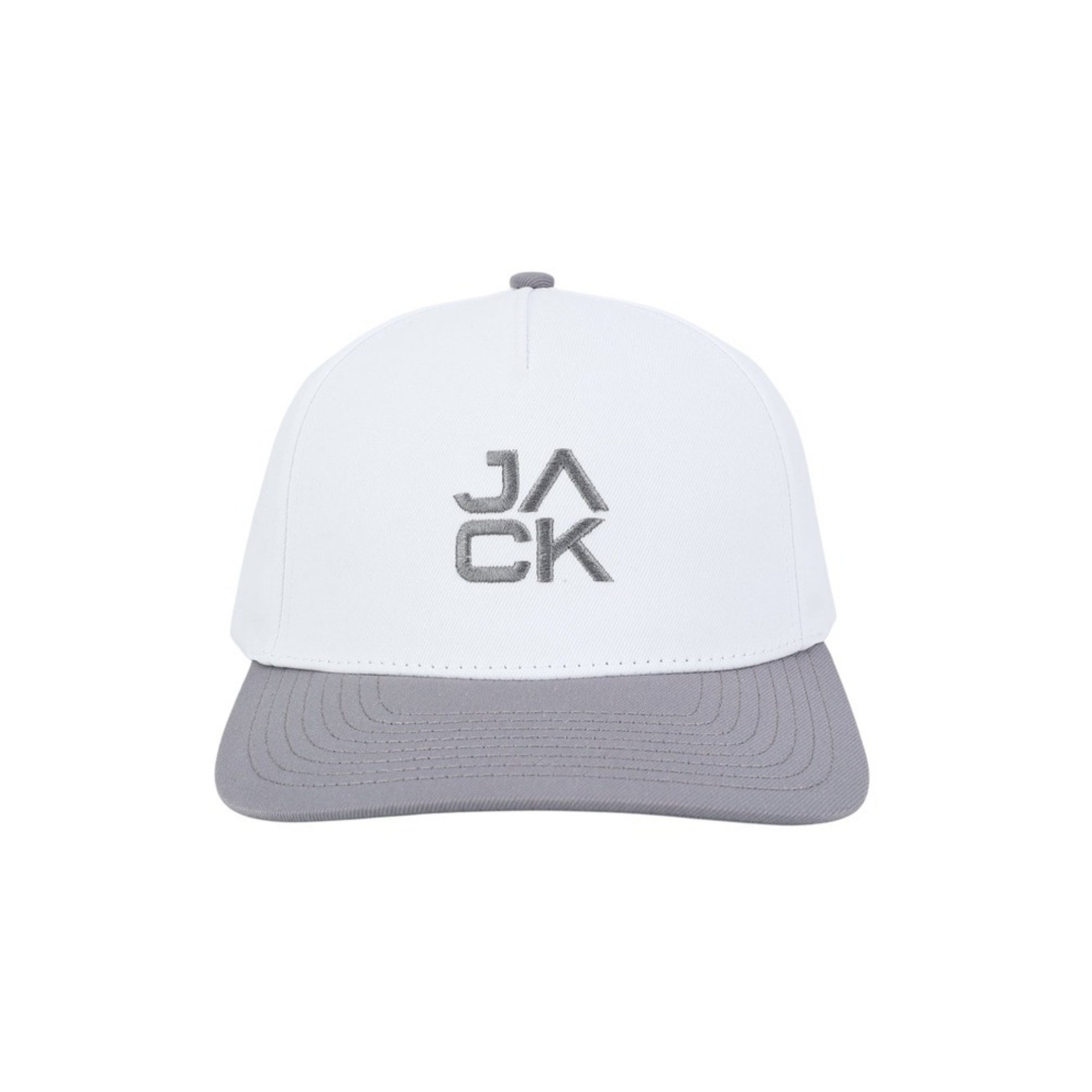 Gray and White Jack Hat with white crown, gray bill, and gray JACK embroidery, front view
