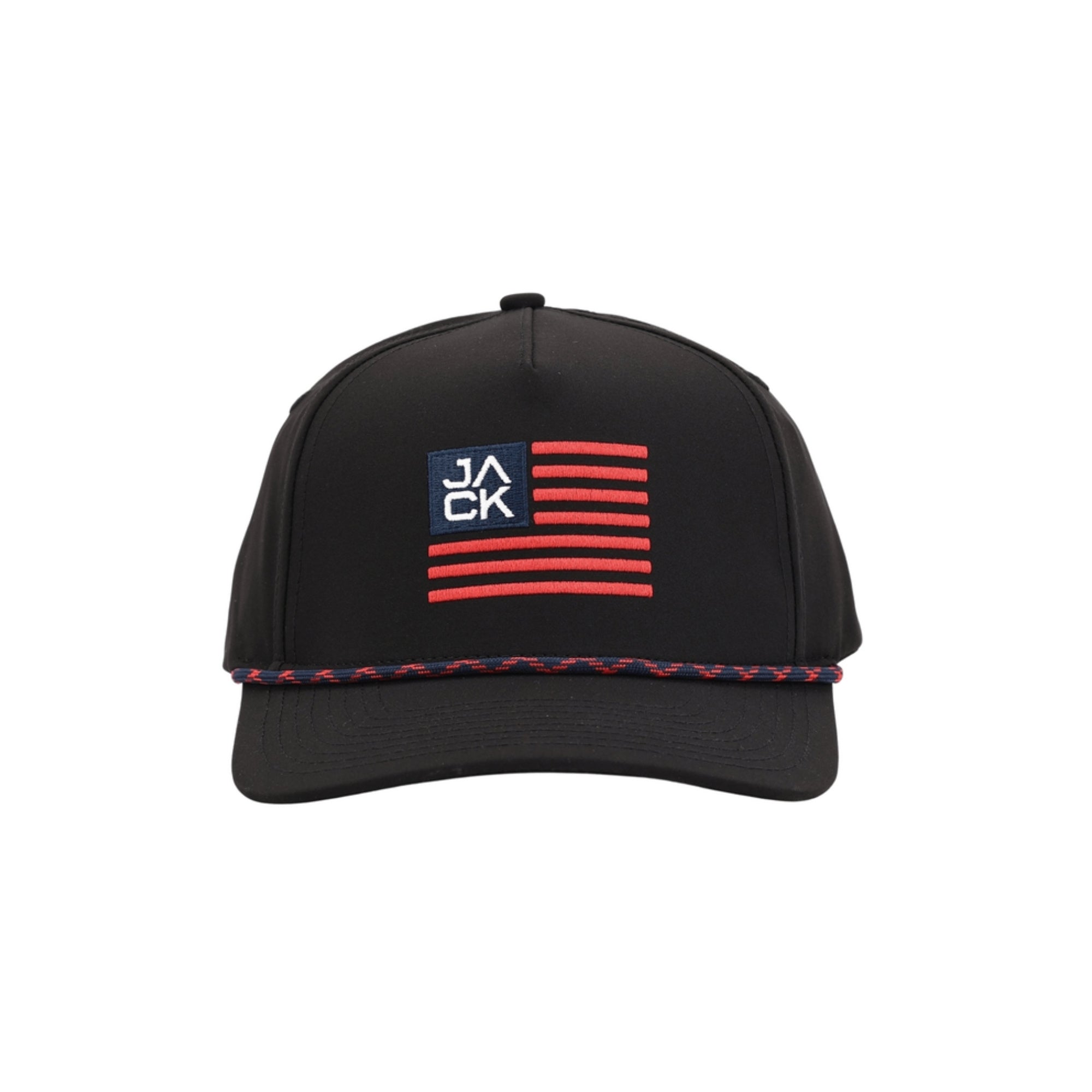 Jack Flag Black Hat in black with navy and red JACK flag embroidery, front view