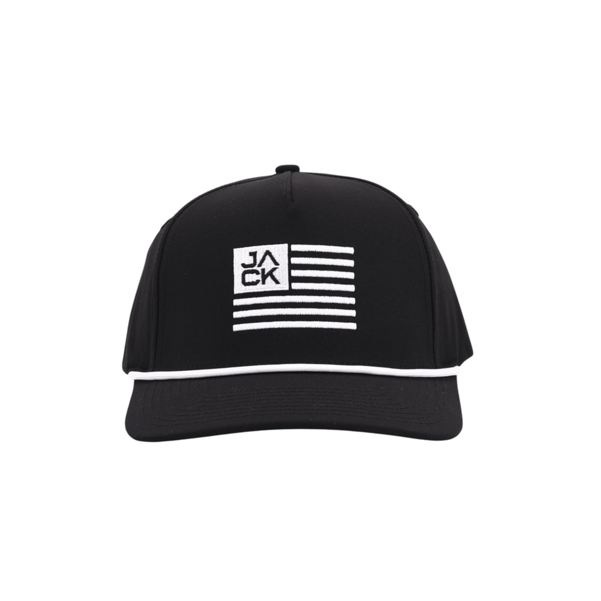 Jack Flag Black and White Hat in black with white JACK flag embroidery and white rope, front view