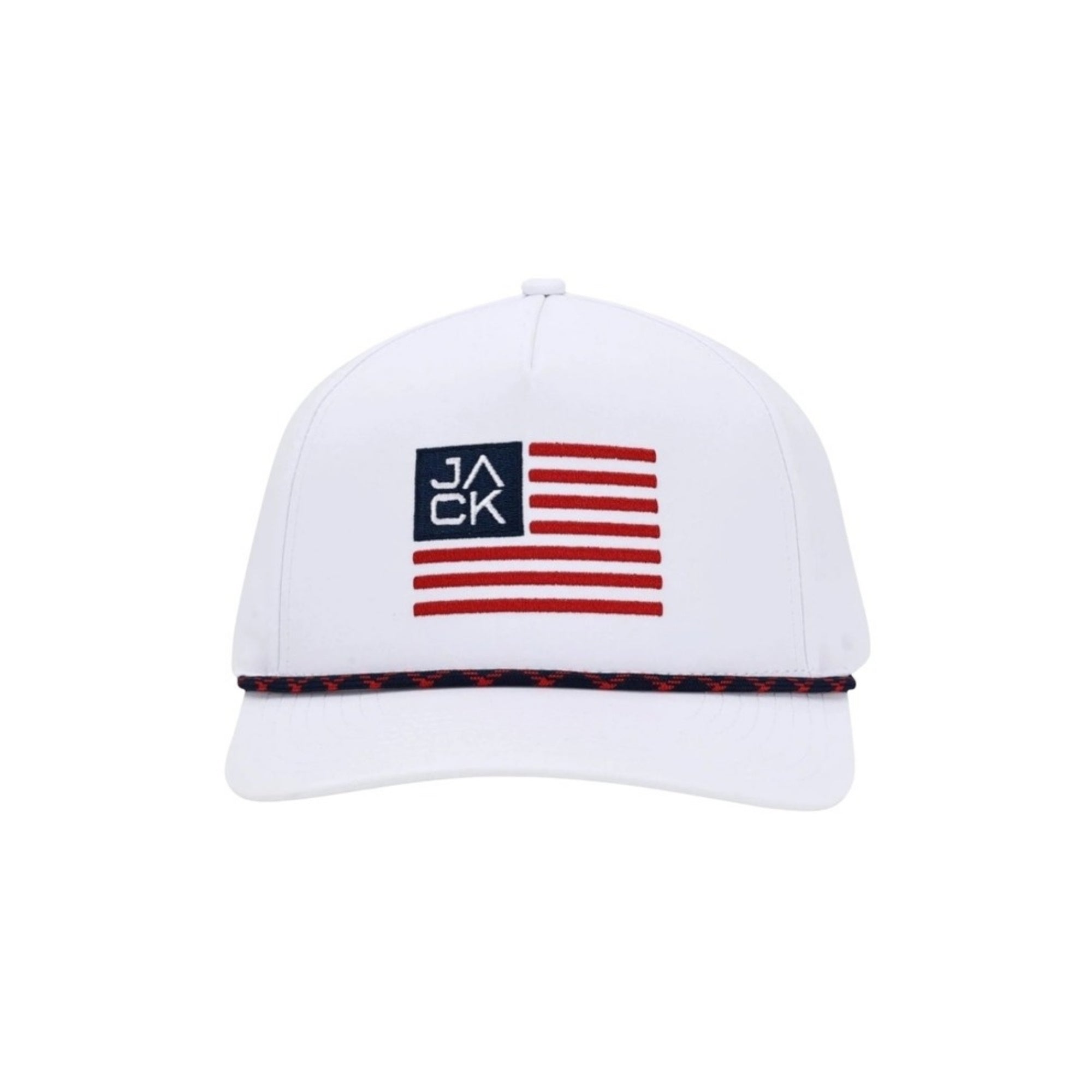 Jack Flag Hat in white with JACK flag embroidery and navy red rope, front view