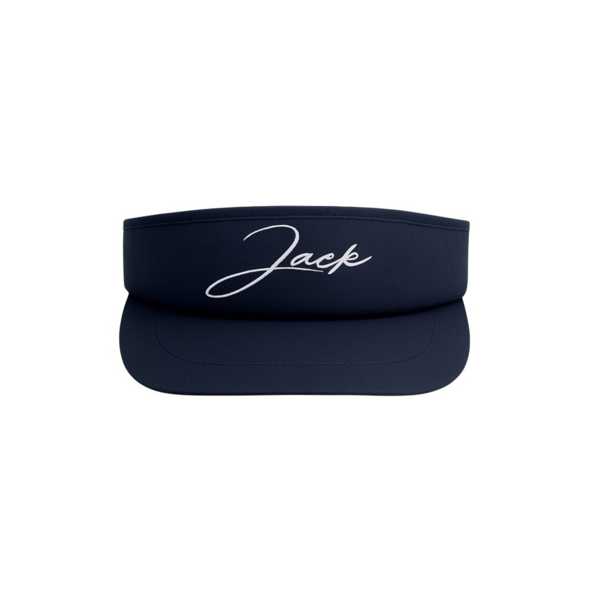 Jack's Signature Visor in navy with white Jack script embroidery, front view