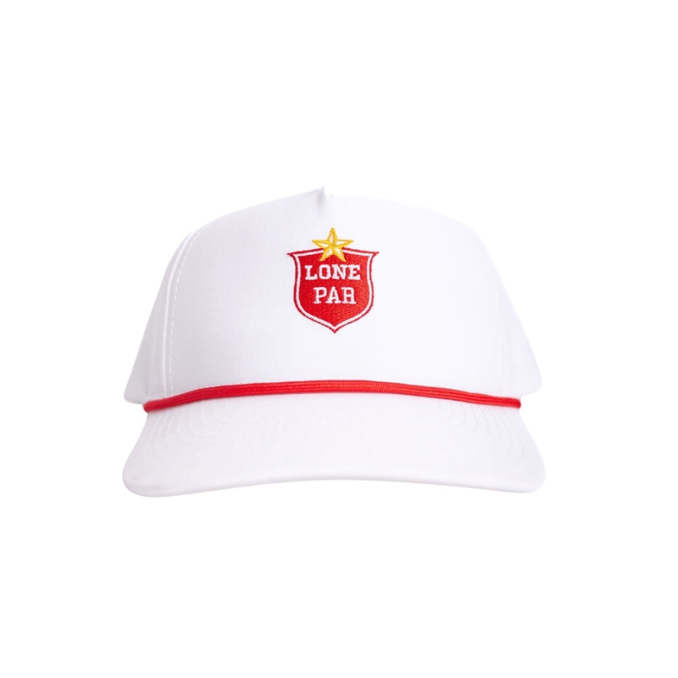 Lone Par white rope hat with red shield and gold star embroidery, front view