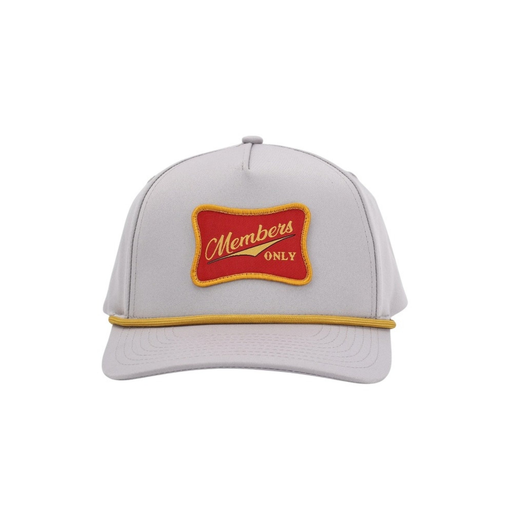 Members Only Rope Hat in gray with red and gold Members Only patch and gold rope, front view