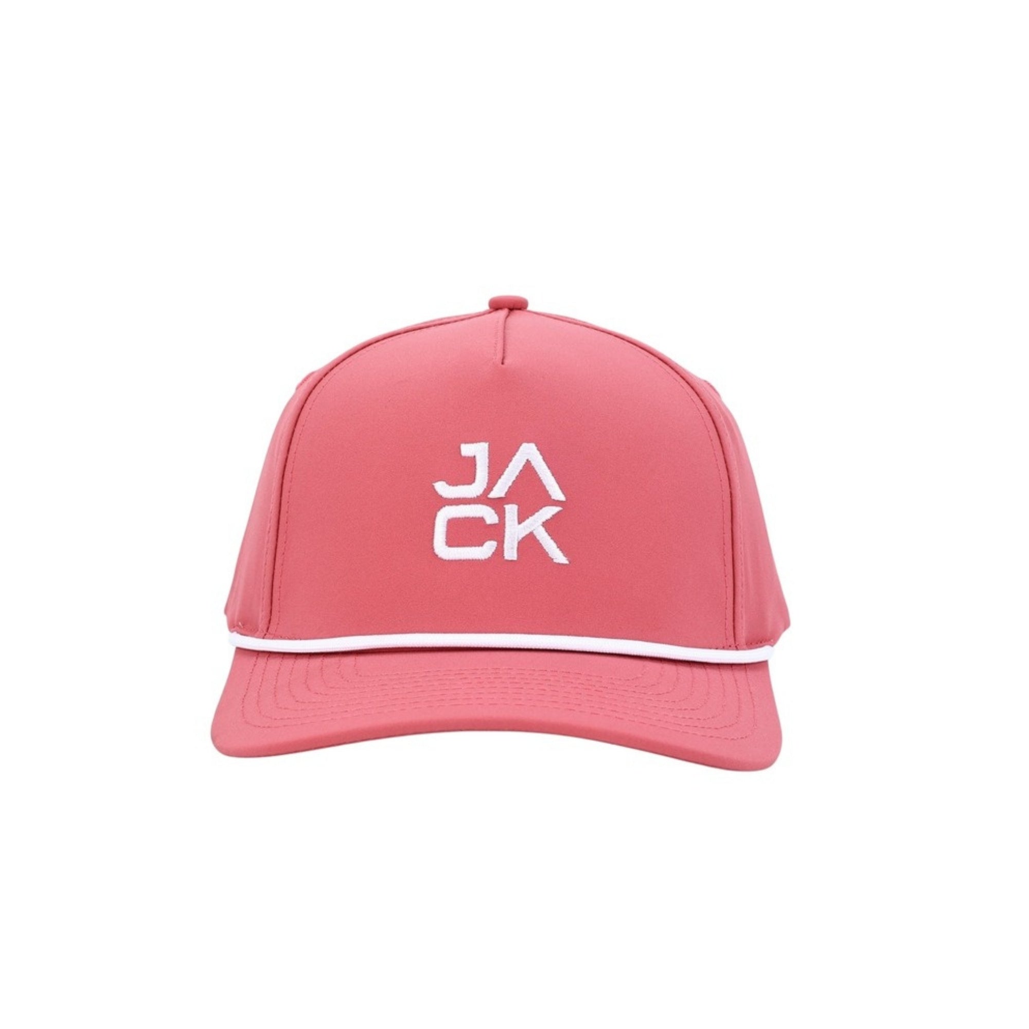 Pink Jack Hat in coral pink with white JACK embroidery and white rope, front view