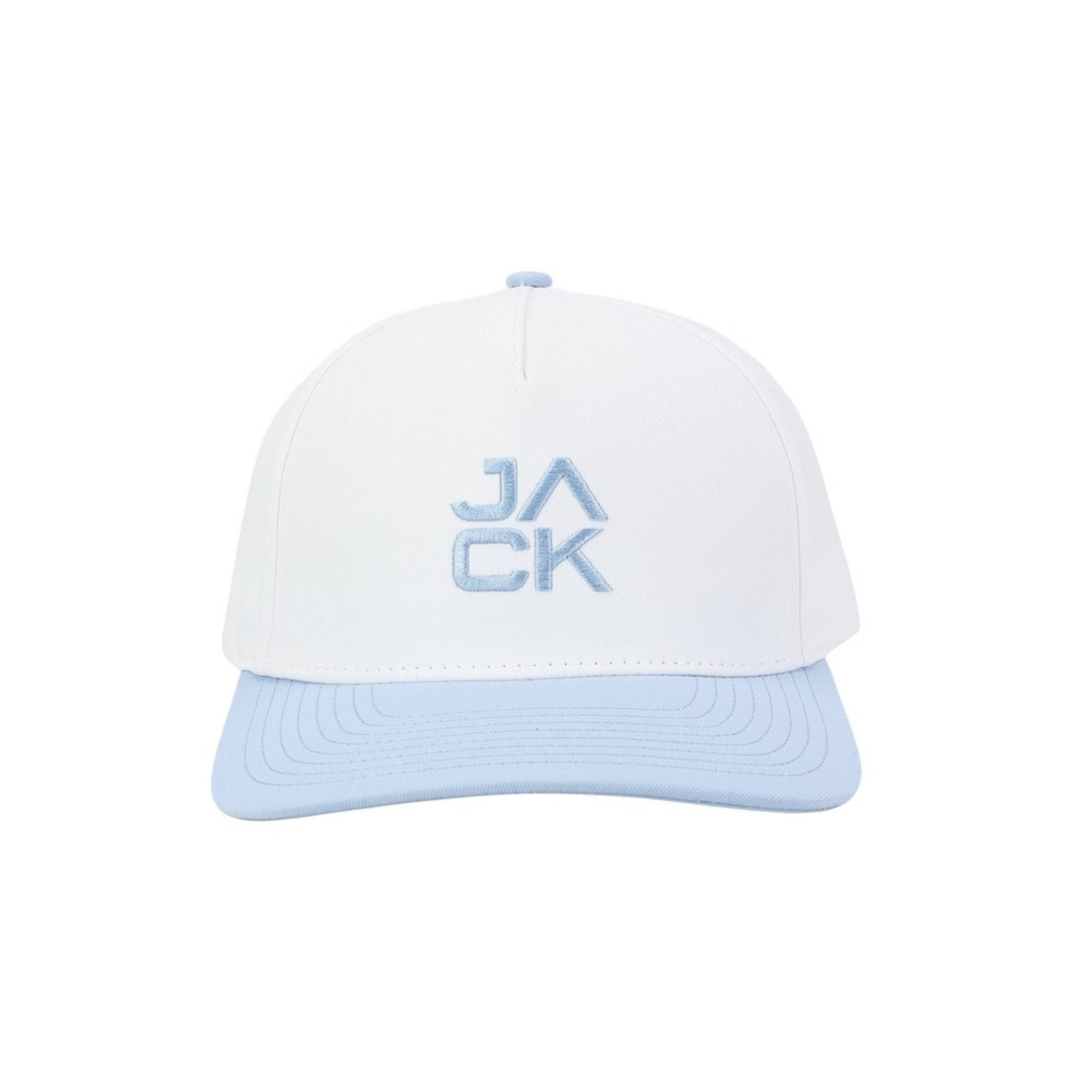 Sky Blue Jack Hat with white crown, sky blue bill, and blue JACK embroidery, front view