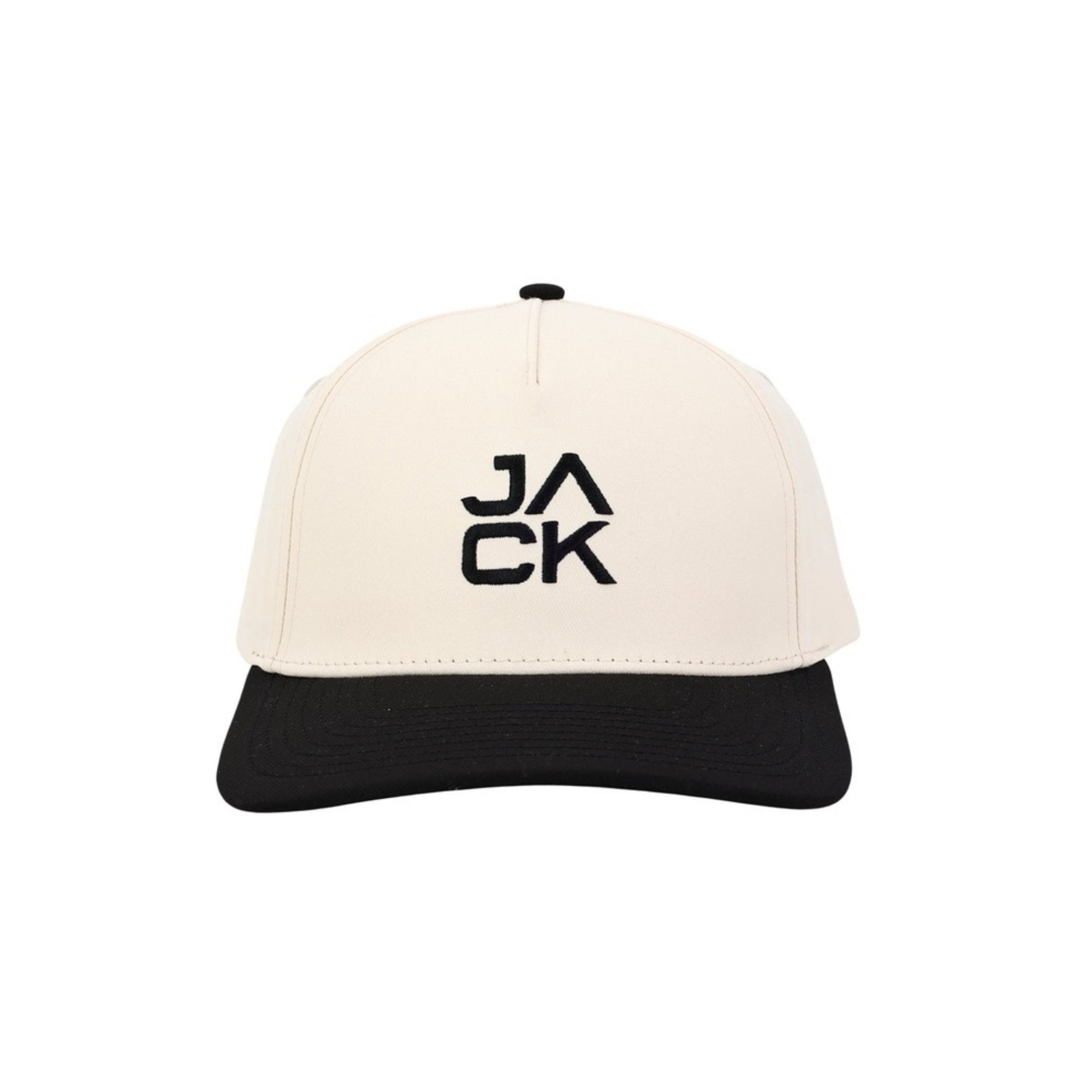 Tan and Black Jack Hat with cream crown, black bill, and black JACK embroidery, front view