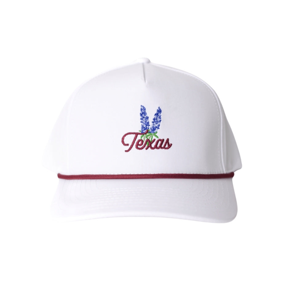 Texas Bluebonnet Maroon Rope Hat in white with bluebonnet embroidery and maroon rope, front view