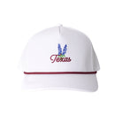 Texas Bluebonnet Maroon Rope Hat in white with bluebonnet embroidery and maroon rope, front view