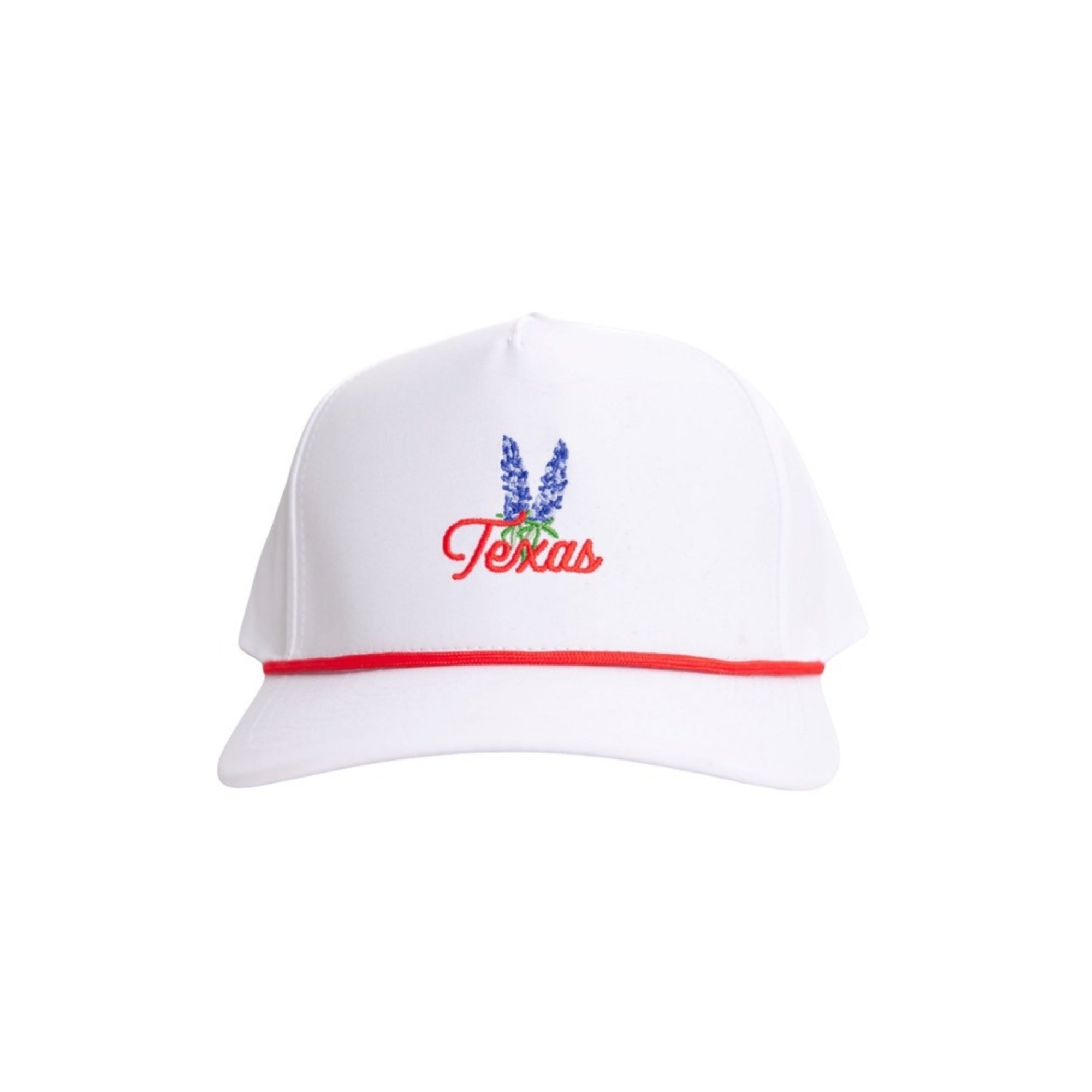 Texas Bluebonnet Red Rope Hat in white with bluebonnet embroidery and red rope, front view