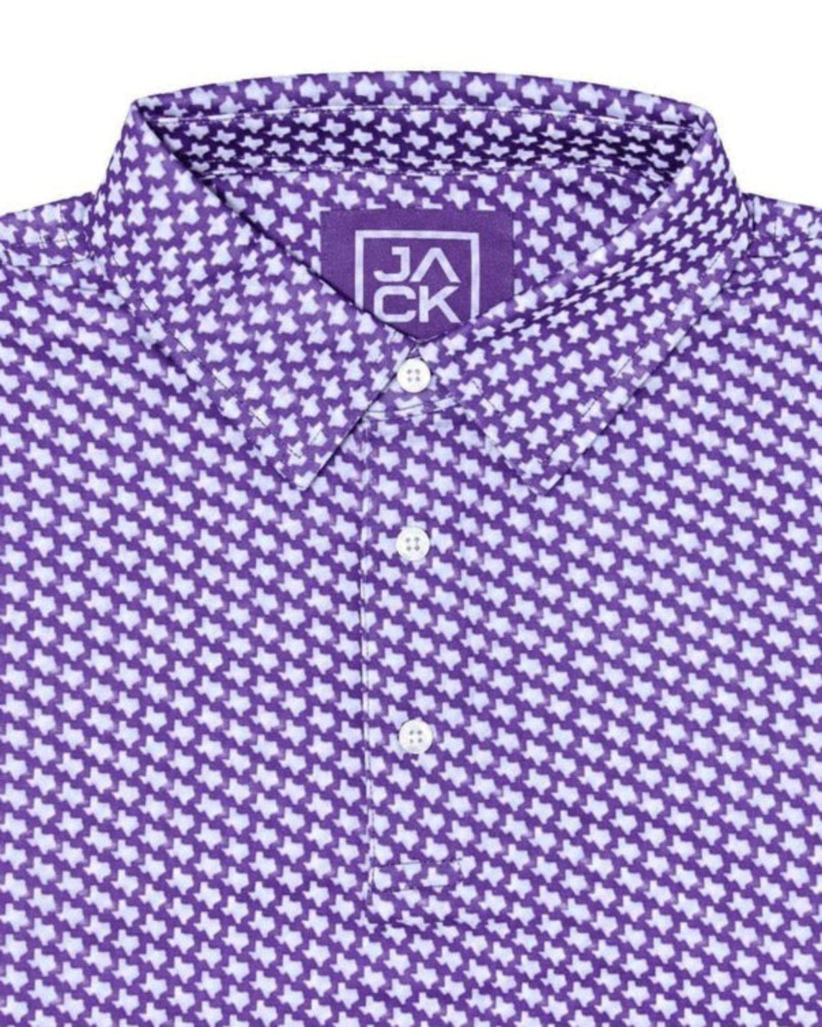 Texas Purple men's golf polo with Texas micro-print, front view – Jack Apparel