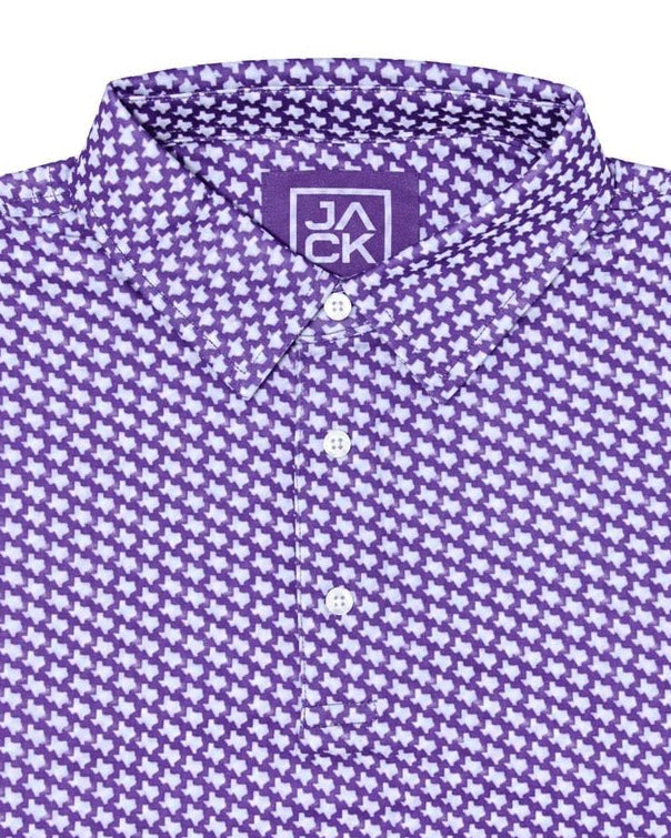 Texas Purple men's golf polo with Texas micro-print, front view – Jack Apparel